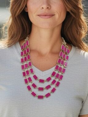 Three-Strand Fuchsia Rectangle Statement Necklace
